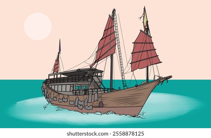 Vector illustration of a Chinese sailing ship, junk. Layered on a simple colored background