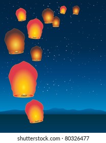 vector illustration of chinese sky lanterns floating in a starry night sky over mountains in eps 10 format