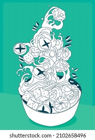 Vector illustration. Chinese soup with dumplings with fish tofu, shitaki mushrooms and green onions. Asian cuisine wallpaper for menu, packaging, cafe, restaurant.