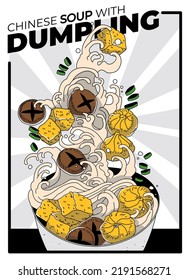 Vector illustration. Chinese soup with dumplings with fish tofu, shitaki mushrooms and green onions. Asian cuisine wallpaper for menu, packaging, cafe, restaurant.