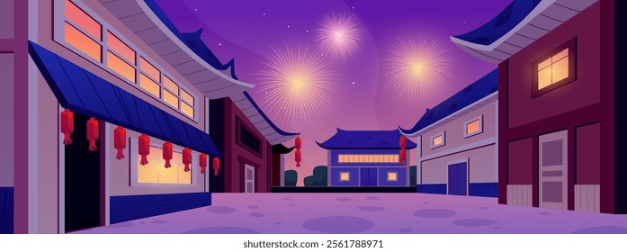 Vector illustration of Chinese street at night with architectural houses, festive lanterns and fireworks. Cityscape empty landscape with traditional ancient buildings. Flat cartoon style.