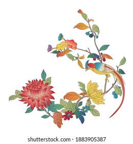 Ilustración vectorial de flores, aves y flores de estilo chino