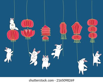Vector illustration of Chinese style lamp with rabbit hanging in doodle art style for Mid Autumn festival celebration