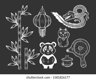 Vector illustration of a Chinese symbol icons. Bamboo, paper lantern, cat statuette, flying dragon, pot, teapot, tea cup with lid, panda bear. Hand drawn doodle style.