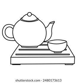 Vector illustration of a Chinese tea set, teapot and cup on a wooden tray for traditional tea drinking. Isolated on a white background, hand drawn.  Icon , element object . line doodle coloring