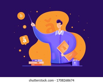 Vector illustration of a Chinese teacher in blue and orange tones. A man with dark hair and narrow eyes holds a pointer and a book, next to books, against the background of the alphabet letters