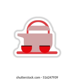 Vector illustration of Chinese Teapot and cups in paper sticker style