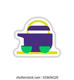 Vector illustration of Chinese Teapot and cups in paper sticker style