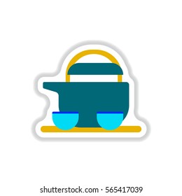 Vector illustration of Chinese Teapot and cups in paper sticker style