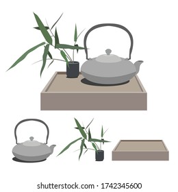Vector illustration of a Chinese teapot, wooden stand and cup with a plant. The theme of the tea ceremony. All objects are isolated from each other and from the background