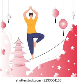 Vector illustration. Chinese woman doing slackline yoga. Sports woman demonstrates yoga position. Background abstraction