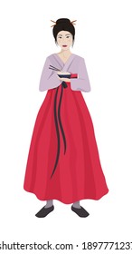 Vector illustration of a Chinese woman in a traditional dress with a plate of rice and Chinese chopsticks. Girl eating rice