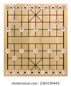 Vector illustration of Chinese Xiangqi chess pieces. Translation from Chinese: Soldier, Chariot, Cannon, Horse, Elephant, Advisor, General