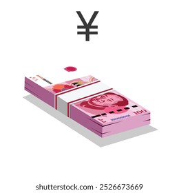 Vector illustration of Chinese yuan renminbi notes, single stack of money flat design over white background. Scalable and editable eps