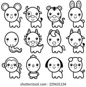 Vector illustration of Chinese Zodiac animal cartoon - Coloring book