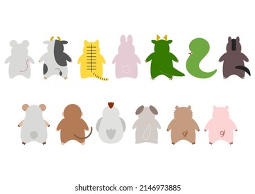 Vector illustration of Chinese zodiac. Back view. Rat, Ox, Tiger, Rabbit, Dragon, Snake, Horse, Sheep, Monkey, Rooster, Dog, Pig or Boar.