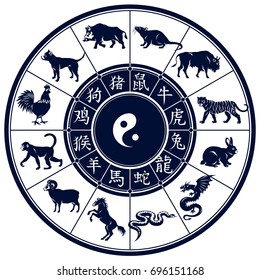 Vector illustration of the Chinese zodiac circle with characters 
of the horoscope (rat, ox, tiger, rabbit, dragon, snake, horse, ram, 
monkey, rooster, dog, boar) and and their  hieroglyphics.