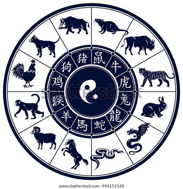 十二支と文字のベクターイラスト 占星器の サル ニワトリ 犬 イノシシ とそれらの象形文字 のベクター画像素材 ロイヤリティフリー