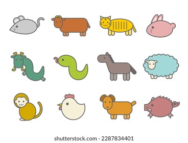 Vector illustration of Chinese zodiac. Colorful and cute icon set. White background.