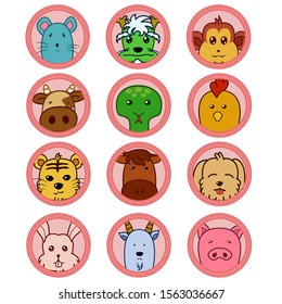 Vector illustration of chinese zodiac icons in cute style