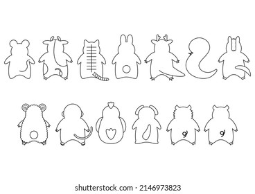 Vector illustration of Chinese zodiac. Line drawing. Back view. Rat, Ox, Tiger, Rabbit, Dragon, Snake, Horse, Sheep, Monkey, Rooster, Dog, Pig or Boar.