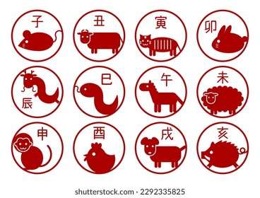 Vector illustration of Chinese zodiac. Red circular icon set. 
Chinese character translation: Rat, Ox, Tiger, Rabbit, Dragon, Snake, Horse, Sheep, Monkey, Rooster, Dog, Boar.
