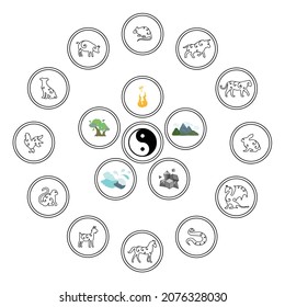 vector illustration of Chinese zodiac signs animal symbols in black circles and natural elements