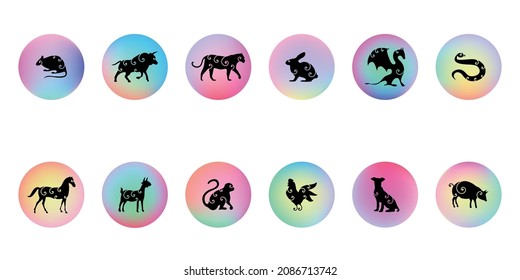 vector illustration of Chinese zodiac signs animals colorful symbols in pastel gradient circles 