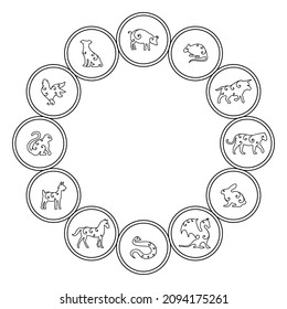 Vector Illustration Of Chinese Zodiac Signs Animal Symbols Circle Wheel Black And White Contour