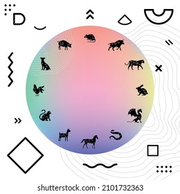 vector illustration of Chinese zodiac signs animal symbols pastel gradient circle with geometrical shapes