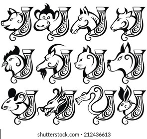 Vector illustration of Chinese zodiac signs with horseshoes for lucky