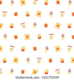 Vector illustration of chip, ice cream, french fries, bread, bubble tea pattern on white background.