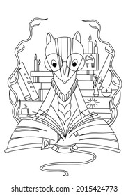 Vector illustration of chipmunk with a big book. Colouring page, cartoon, character design.
