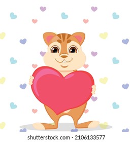 Ilustración vectorial de un dibujo de chipmunk con corazones sobre un fondo de patrón. El símbolo de la fiesta de San Valentín.