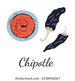 Vector illustration of chipotle chili powder, hot chili sauce and dried peppers in flat cartoon style. Perfect for culinary, Mexican cuisine packaging, and seasoning related designs