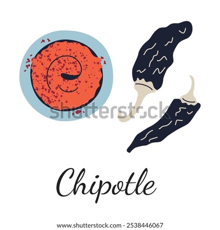 Vector illustration of chipotle chili powder, hot chili sauce and dried peppers in flat cartoon style. Perfect for culinary, Mexican cuisine packaging, and seasoning related designs