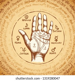 Vector illustration with chiromancy hand, ancient hieroglyphs, medieval runes, spiritual symbols. Palmistry map on open palm with signs of the planets. Divination and prediction of the future