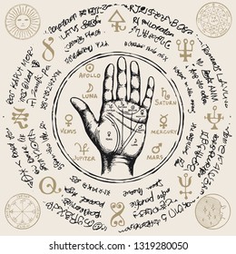 Vector illustration with chiromancy hand, ancient hieroglyphs, medieval runes, spiritual symbols. Palmistry map on open palm with signs of the planets. Divination and prediction of the future