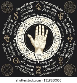 Vector illustration with chiromancy hand, ancient hieroglyphs, medieval runes, spiritual symbols. Palmistry map on open palm with signs of the planets. Divination and prediction of the future