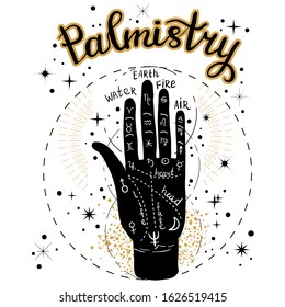 Vector illustration of chiromancy map. Esoteric occult and astrology symbols.Palmistry lettering.