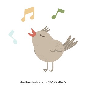 Vector illustration of a chirping bird with notes isolated on white background. Spring traditional symbol and design element