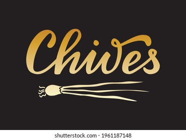 Vector illustration of chives lettering for packages, product design, banner, stickers, spice shop price list and  decoration. Handwritten isolated word with floral graphic elements for web or print
