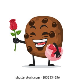 vector illustration of chocochips mascot or character give flower and holding pink gift