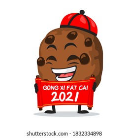 Vektorgrafik von Chocochips-Maskottchen oder Charakter mit roter Schriftrolle und sagt glückliches chinesisches Jahr 2021