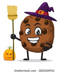 vector illustration of chocochips mascot or character wearing witch costume and holding broom