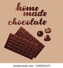 vector illustration of chocolate bar and candy isolated with lettering home made chocolate background beige EPS10