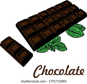 Vector illustration with chocolate bar and mint leaves and lettering.  Icon line isolated on clean background.