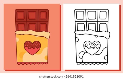 Vector illustration of a chocolate bar with square segments and unwrapped foil design. Ideal for coloring books, food-themed projects, kids’ activities, and educational pintables.