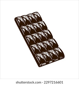 Vector illustration of a chocolate bar. Wrapped in packaging bar with a cocoa beans print, in unwrapped foil, with large chunks, whole block. Vintage hand drawn engraving style.