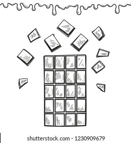Vector illustration of a chocolate bars and chocolate drops on a white background in hand draw style. 